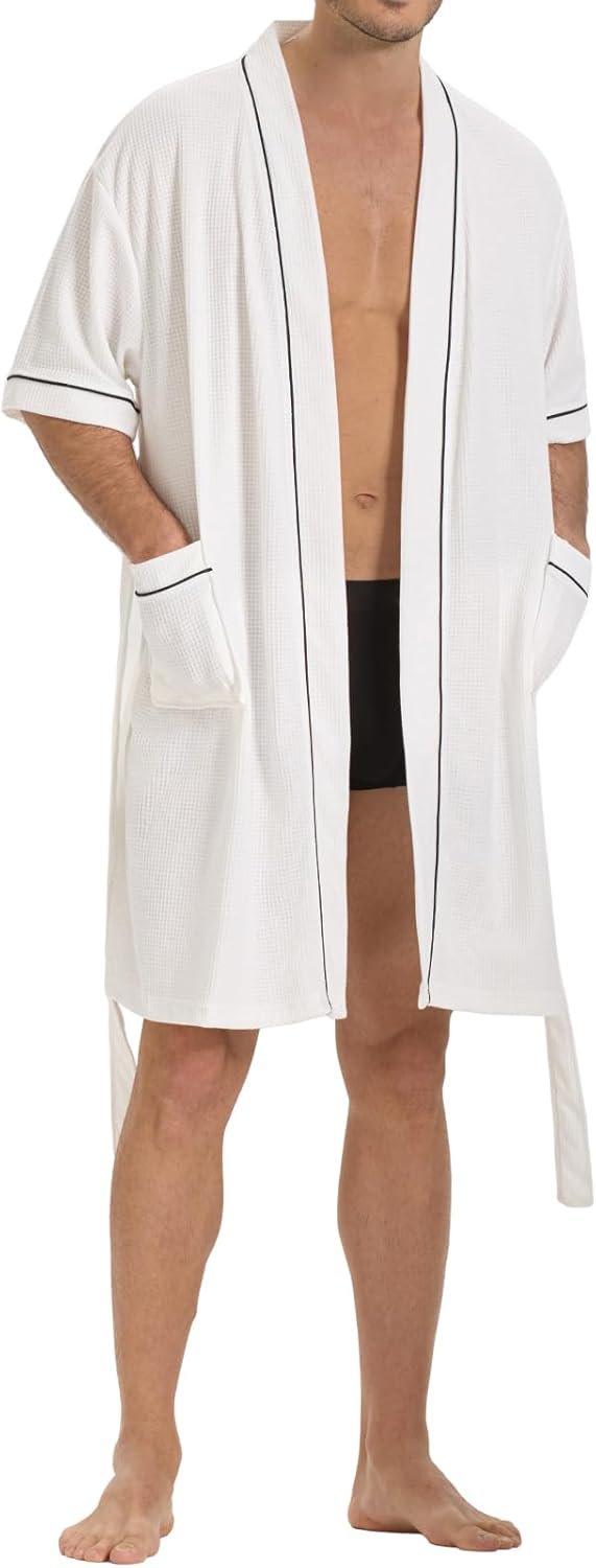 Waffle Knit Robe for Men, Short Lightweight Bathrobe with Kimono & Pockets, Short-Sleeves Summer Loungewear for Spa - Image 2