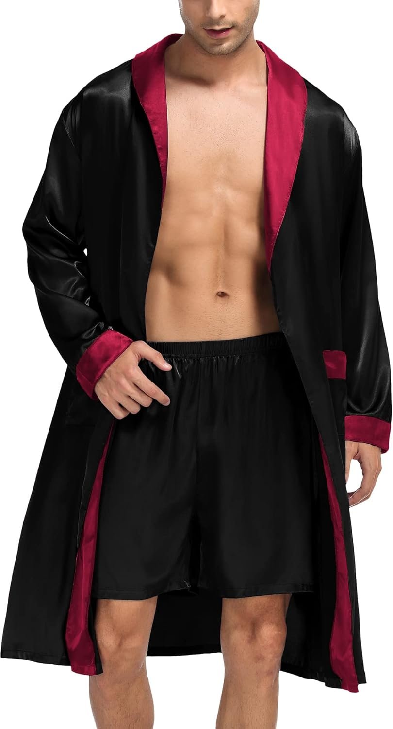 Men's Satin Robe with Shorts Set Silky Kimono Bathrobe Lightweight Soft Sleepwear