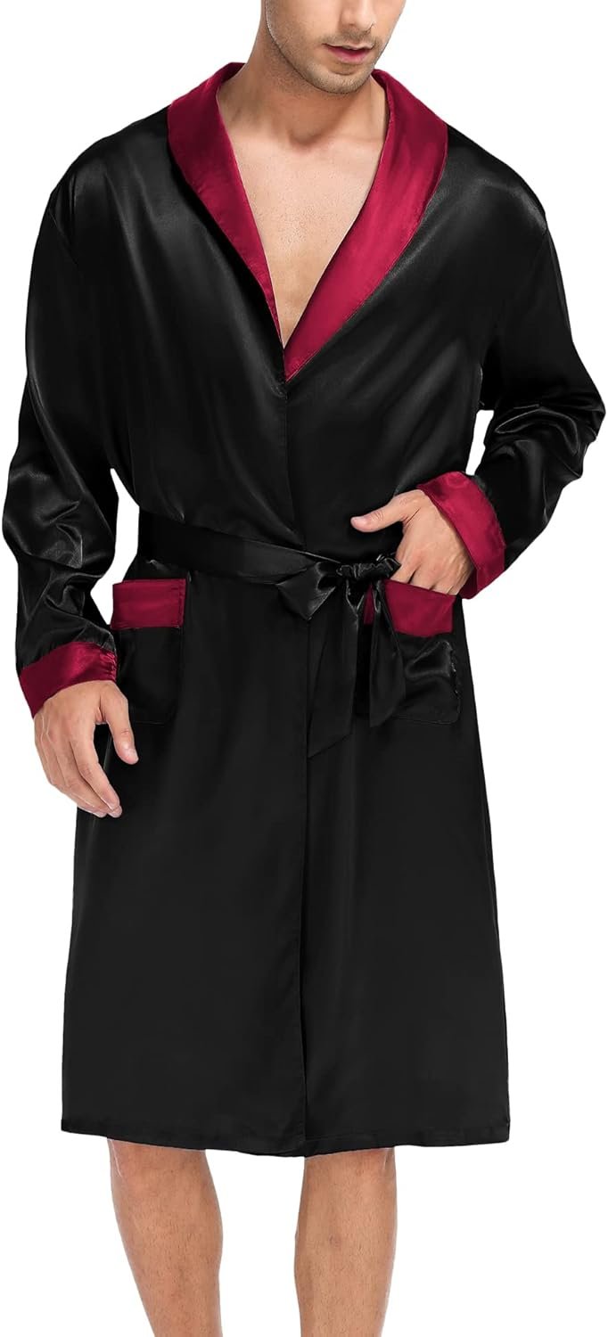 Men's Satin Robe with Shorts Set Silky Kimono Bathrobe Lightweight Soft Sleepwear - Image 2