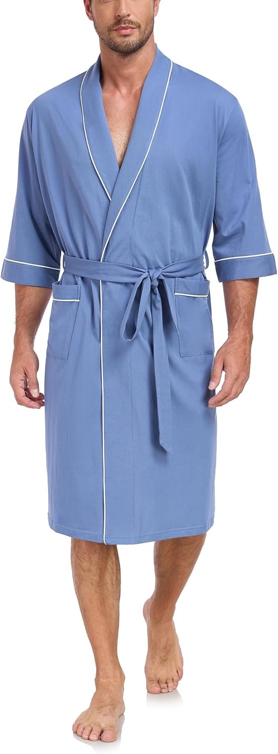 Men's Bathrobes 100% Cotton Soft Comfort Breathable Short Sleeve Summer Kimono Mens Lightweight Robe