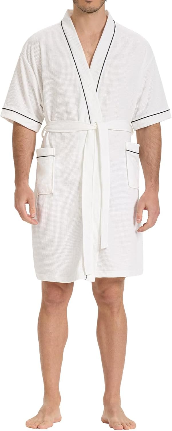 Waffle Knit Robe for Men, Short Lightweight Bathrobe with Kimono & Pockets, Short-Sleeves Summer Loungewear for Spa