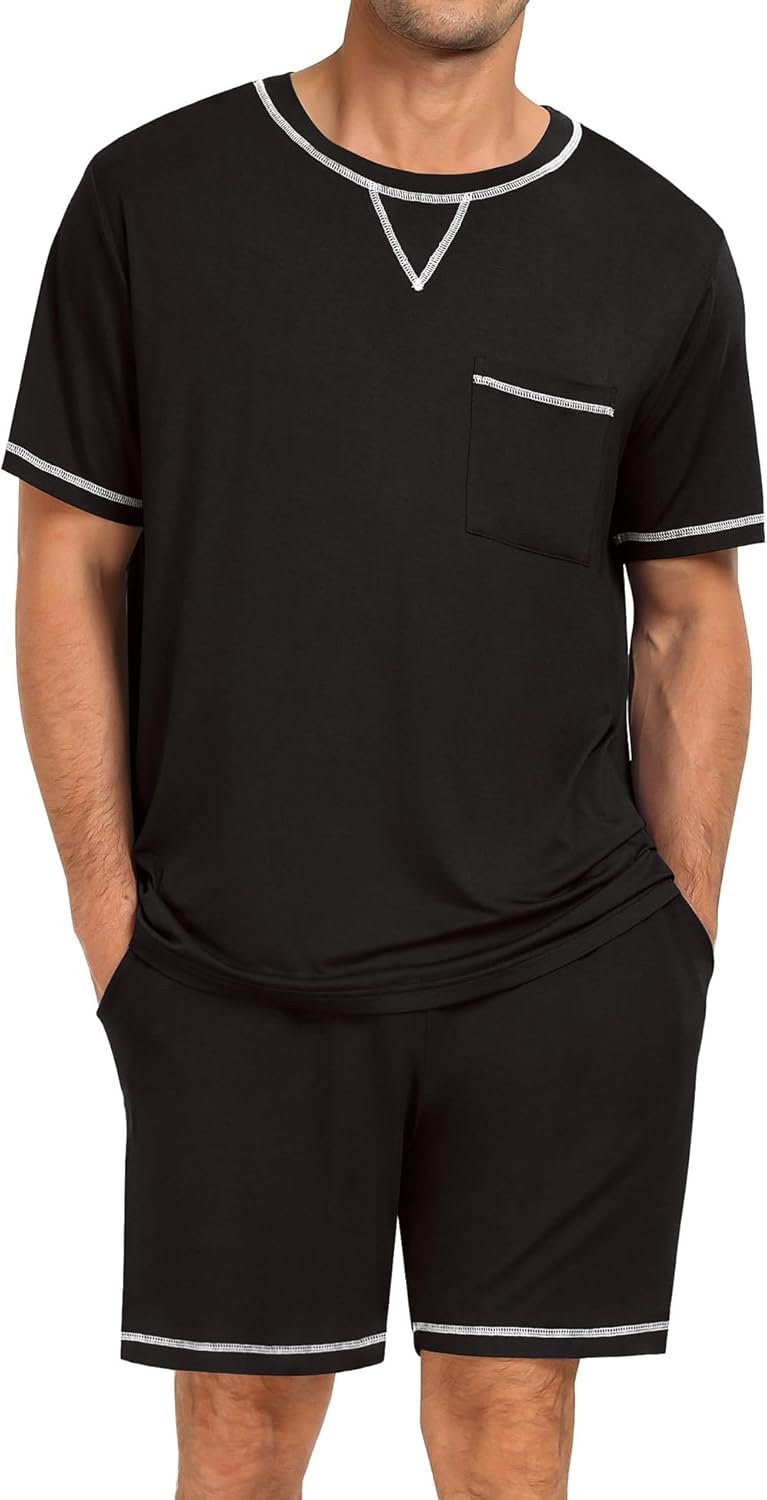 Men Modal Pajamas Set Comfy Sleepwear Short Sleeve Pjs Set Soft 2 Piece Lounge Set Cozy Nightwear with Pockets - Image 2