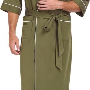 100% Cotton Men's Lightweight Robe Summer Short Sleeve Bathrobe Soft Knee Length Robe with Pockets