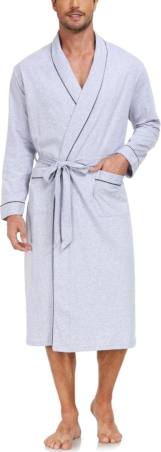 Men's 100% Cotton Robes Lightweight Long Sleeve Kimono Bathrobe Soft Over the Knee Sleepwear