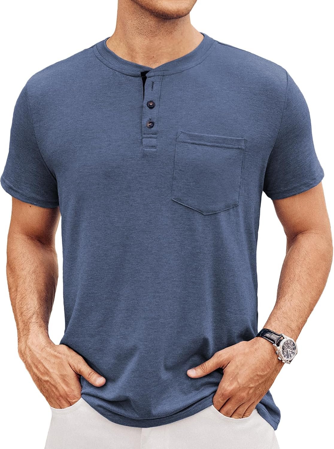 Men's Henley Short Sleeve Casual Button Up Basic Pocket Tee Shirts