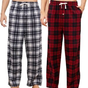 2 Pack Mens Fleece Pajama Pants, Warm Plaid Lounge Pj Bottoms for Men with Pockets Soft
