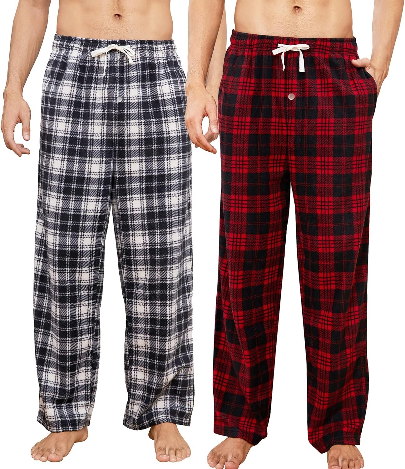 2 Pack Mens Fleece Pajama Pants, Warm Plaid Lounge Pj Bottoms for Men with Pockets Soft