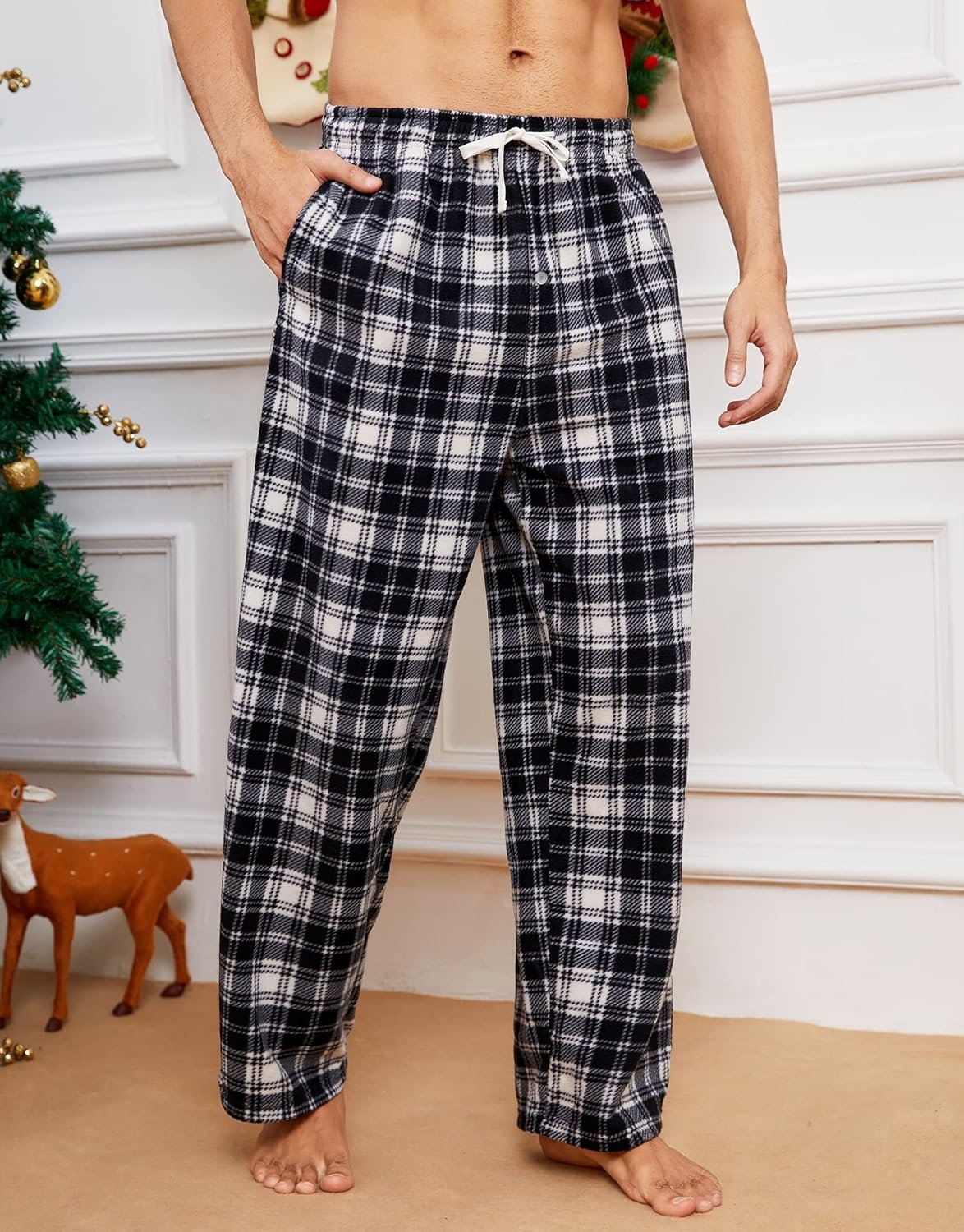 2 Pack Mens Fleece Pajama Pants, Warm Plaid Lounge Pj Bottoms for Men with Pockets Soft - Image 2