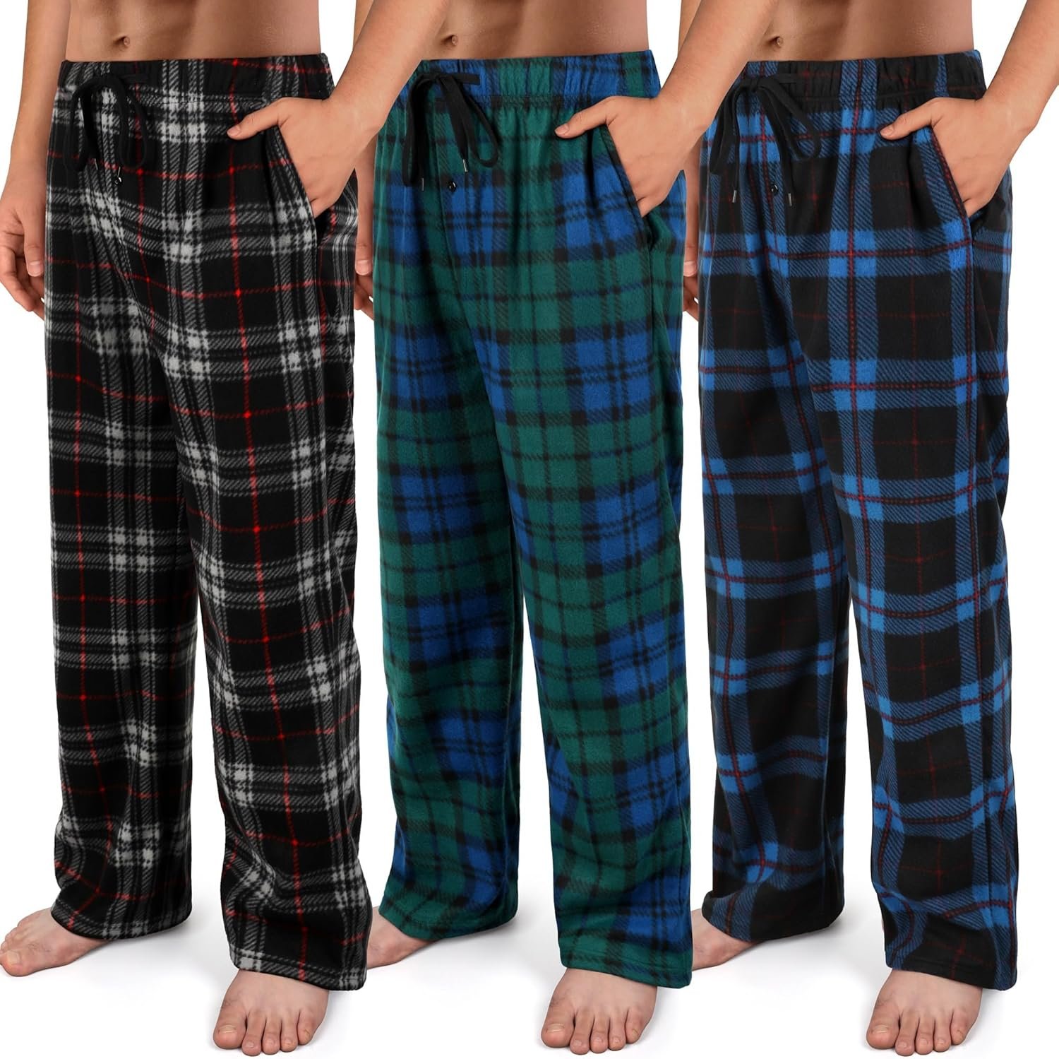 3 Pack Mens Pajama Pants Microfleece Plaid Pajama Bottoms Sleepwear PJ Sleep & Lounge Pants with Pockets & Drawstring